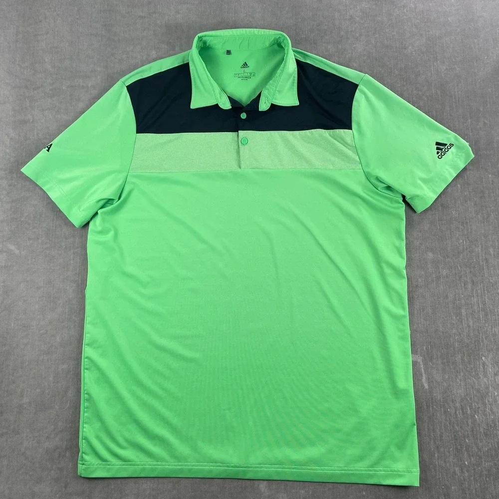 Adidas Mens Large Green Polo Shirt Primegreen AJGA Logo Colorblock Performance